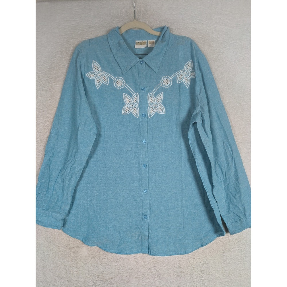 Collections Etc Button Down Women Large Blue Floral Embroidered Long Sleeve Top